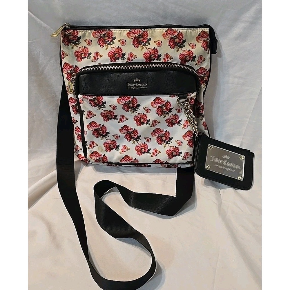 Juicy Couture‎ Varsity Bloom Rose Floral Mid Crossbody Bag Purse White Pink